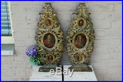 Rare PAIR church antique 18thc wood carved religious plaques panel 3 paintings