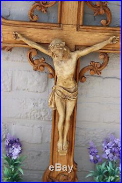 Rare XL Antique French wood carved Crucifix Cross religious church