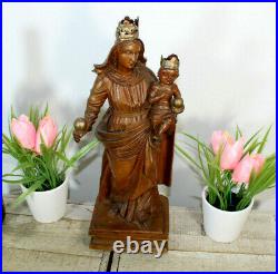 Rare antique French wood carved 19thc madonna child figurine statue religious
