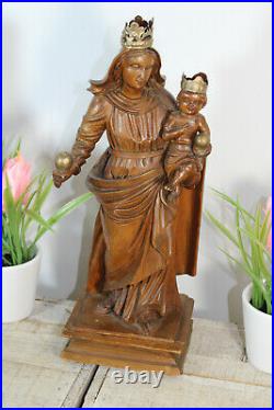 Rare antique French wood carved 19thc madonna child figurine statue religious