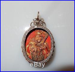 Relicario Double Sided Religious Images Silver Painted Wood Pendant Antique
