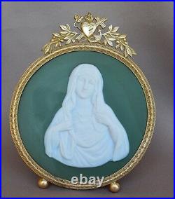 Religious 19Thc Antique Brass Reliquary Frame, Mary Sacred Heart Virgin