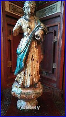 Religious Antique Spanish Polychrom Wooden Santos Saint 16 1/4 H 2.5 Lbs
