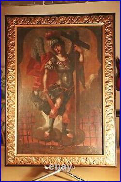 Religious Antique17th Century Painting Saint Michael Archangel (Gates Of Hell)