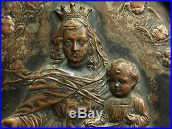 Religious French Antique Silvered Copper Plaque Crowned Virgin And The Child