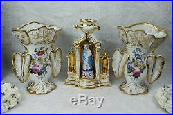 Religious French antique vieux paris porcelain chapel mantel set vases madonna