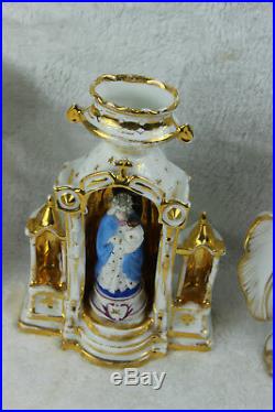 Religious French antique vieux paris porcelain chapel mantel set vases madonna