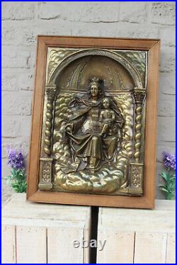 Religious French copper relief Madonna with child framed wall plaque