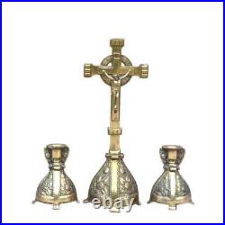 Religious antique Crucifix +2 candlesticks Catholic brass colour domestic altar