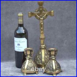 Religious antique Crucifix +2 candlesticks Catholic brass colour domestic altar
