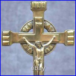 Religious antique Crucifix +2 candlesticks Catholic brass colour domestic altar