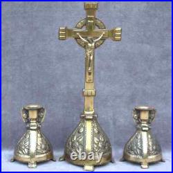 Religious antique Crucifix +2 candlesticks Catholic brass colour domestic altar