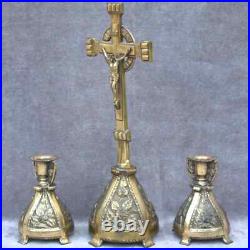 Religious antique Crucifix +2 candlesticks Catholic brass colour domestic altar