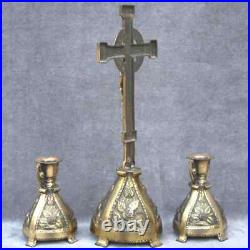 Religious antique Crucifix +2 candlesticks Catholic brass colour domestic altar