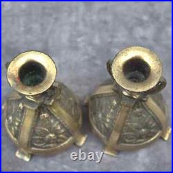 Religious antique Crucifix +2 candlesticks Catholic brass colour domestic altar