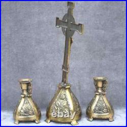 Religious antique Crucifix +2 candlesticks Catholic brass colour domestic altar