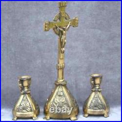 Religious antique Crucifix +2 candlesticks Catholic brass colour domestic altar