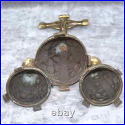 Religious antique Crucifix +2 candlesticks Catholic brass colour domestic altar