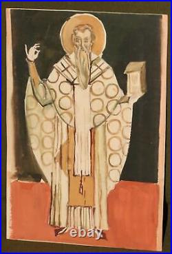 Religious antique gouache painting saint