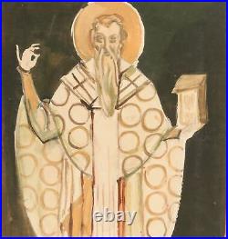 Religious antique gouache painting saint