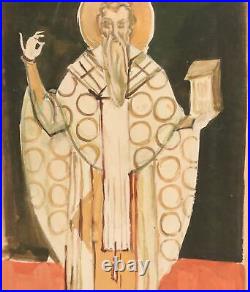 Religious antique gouache painting saint