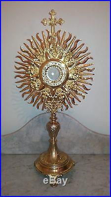 Religious art antique Neo Gothic French church gold plated Monstrance stone 1910