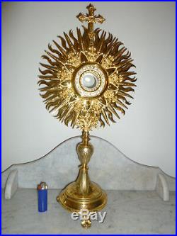 Religious art antique Neo Gothic French church gold plated Monstrance stone 1910