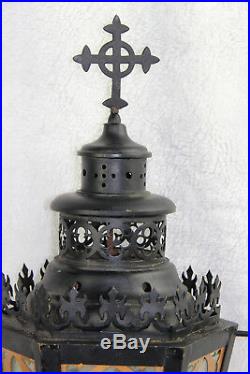 Religious gothic church Lantern light metal black cross Glass Candle holder