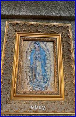 Religious icon Of Lady Of Guadalupe Mary Pure Cotton with Gold Yarn Wood Frame
