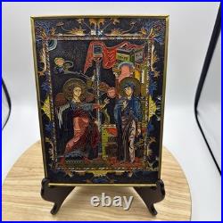 Russian Enamel Icon Plaque Virgin Mary & Angel Relief Panel Religious Art