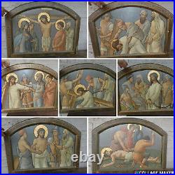 SEt 14 Antique paintings metal Stations of the cross church religious plaques