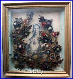 SPECTACULAR ANTIQUE 1890s RELIGIOUS ICON, MADONNA, SHADOW BOX, PEACOCK FEATHERS