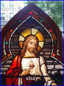 Sacred Heart of Jesus Stained Glass Window Antique Religious Relic Christ