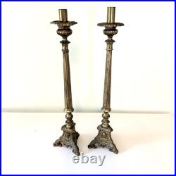Set 2 Antique Church Altar Tall Brass Candlesticks Cameos Mary Joseph, Jesus 21