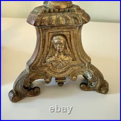 Set 2 Antique Church Altar Tall Brass Candlesticks Cameos Mary Joseph, Jesus 21