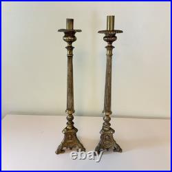 Set 2 Antique Church Altar Tall Brass Candlesticks Cameos Mary Joseph, Jesus 21