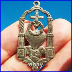 Silver Sacred Heart Of Jesus Religious Medal Antique Spanish Pendant