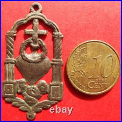 Silver Sacred Heart Of Jesus Religious Medal Antique Spanish Pendant