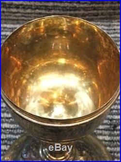 Silverplate gold gilded Religious Chalice Goblet 8 Tall w Floral Engraving
