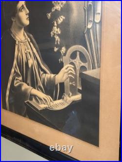St. Cecilia Antique Lithograph Black Lacquer Frame 30 x 23.5