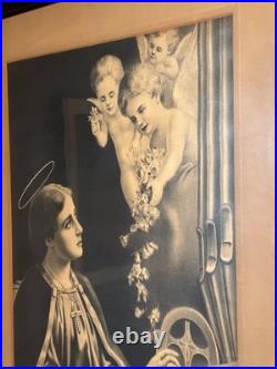 St. Cecilia Antique Lithograph Black Lacquer Frame 30 x 23.5