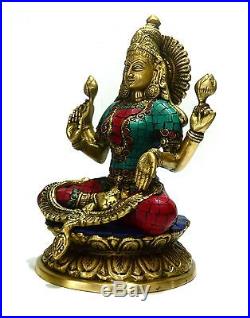 Statue Lakshmi Goddess Brass Turquoise Laxmi Hindu Idol Ganesh Religious Metal