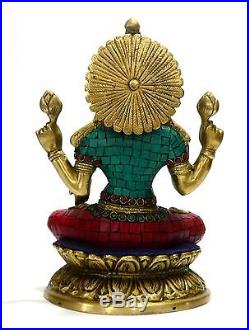 Statue Lakshmi Goddess Brass Turquoise Laxmi Hindu Idol Ganesh Religious Metal