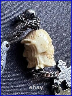 Strange Antique Religious Chapelet Silver metal beads, a double faced Christ