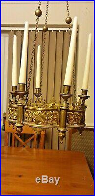 Stunning Antique French Religious Neo Gothic Brass Chandelier Candle Holder