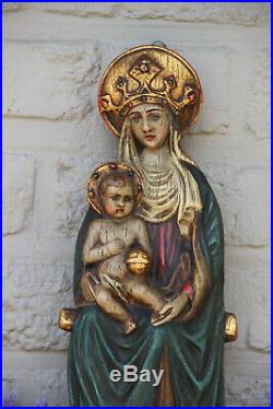 Stunning flemish Chalkware polychrome Wall madonna child religious statue rare