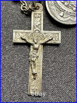 Superb Antique Religious Chapelet Silver metal beads, Cross & medals 22 +5