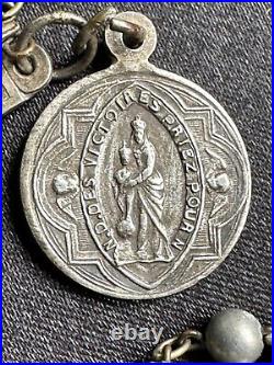 Superb Antique Religious Chapelet Silver metal beads, Cross & medals 22 +5