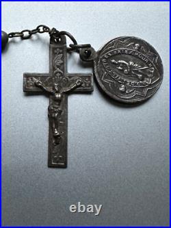 Superb Antique Religious Chapelet Silver metal beads, Cross & medals 22 +5