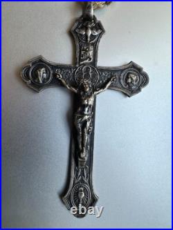 Superb Antique Religious Silver Cross engraved with multiple ornaments 3 1/4